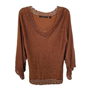 Boho Crochet Michelle Nicole Metallic Thread Split Sleeve Sweater Womens Sm Rust